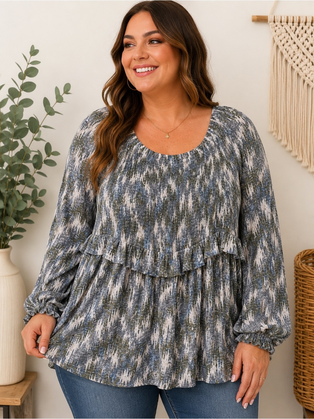 ODDY Boho Smocked Peasant Tunic Top 1X Gray Abstract Print Flowy Lightweight